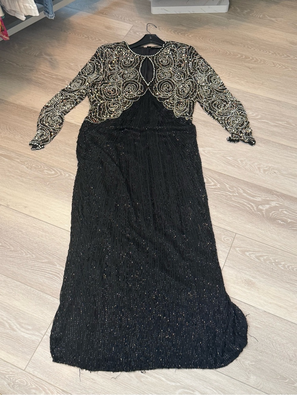 Oleg Cassini Black Gown with Gold Beaded Bodice and Long Sleeves